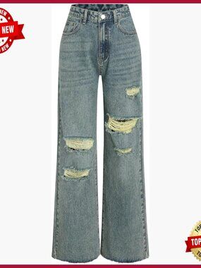 High Waisted Ripped Jeans Distressed Baggy Straight Wide Leg Pants